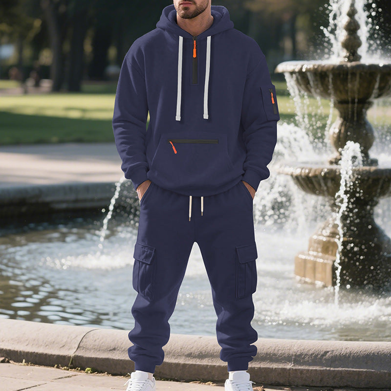 Men’s Loose Fit Fleece-Lined Sports Hoodie & Zipper Pullover Set – Multi-Pocket Casual Two-Piece