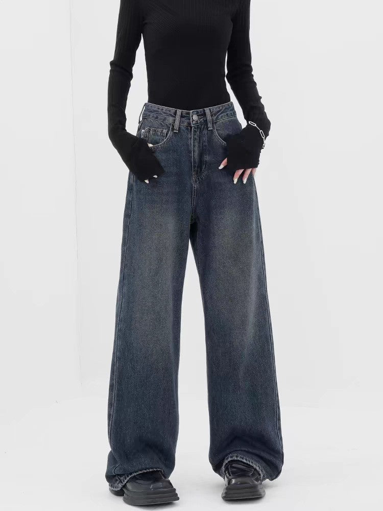 Retro Dark Blue Baggy Wide-Leg Jeans – High Waist Straight Fit