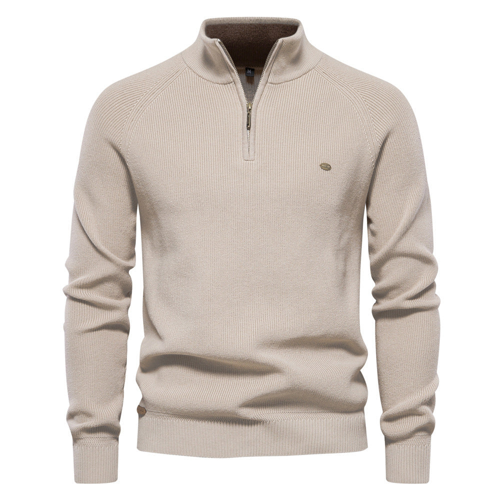 Men’s Zipper Stand Collar Knitted Sweater – Slim Fit, Solid Color, Long Sleeve Half-Turtleneck Top