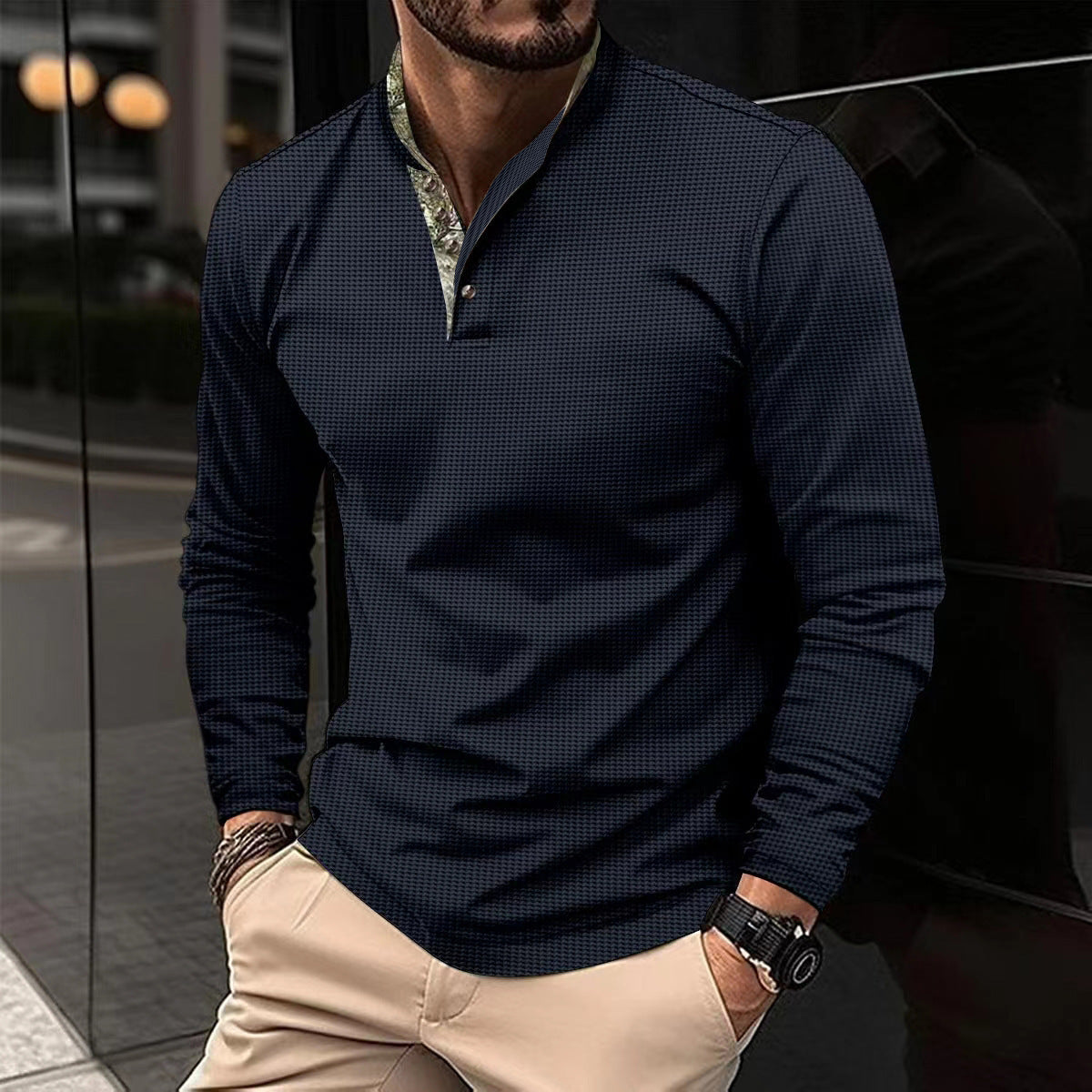 Men’s Double-Layer Lapel Polo Shirt – Waffle Texture, Long-Sleeve Fashion Top