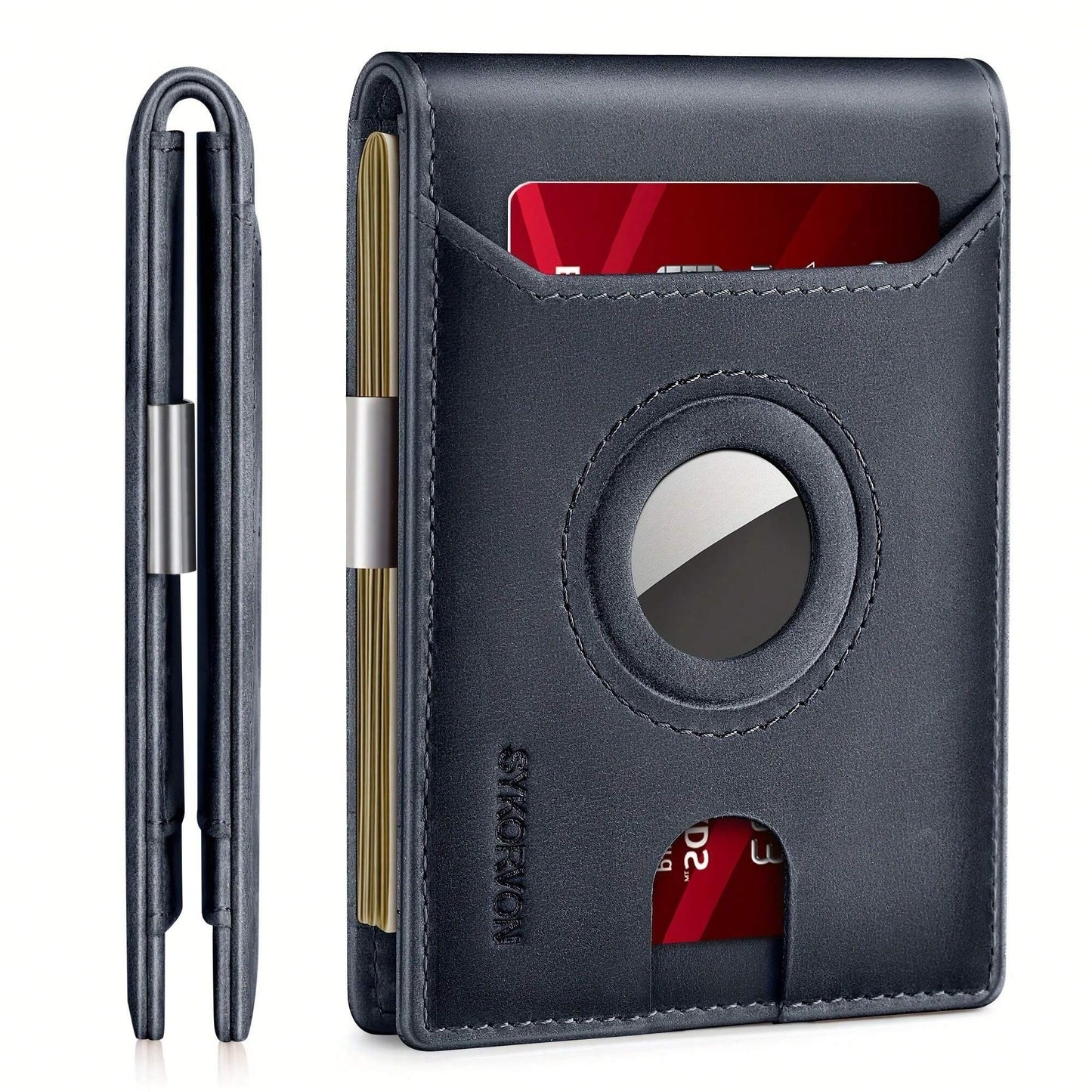 Men’s Minimalist Leather Wallet with AirTag Holder – Slim RFID Blocking Bifold Holds Up to 11 Cards (AirTag Not Included)