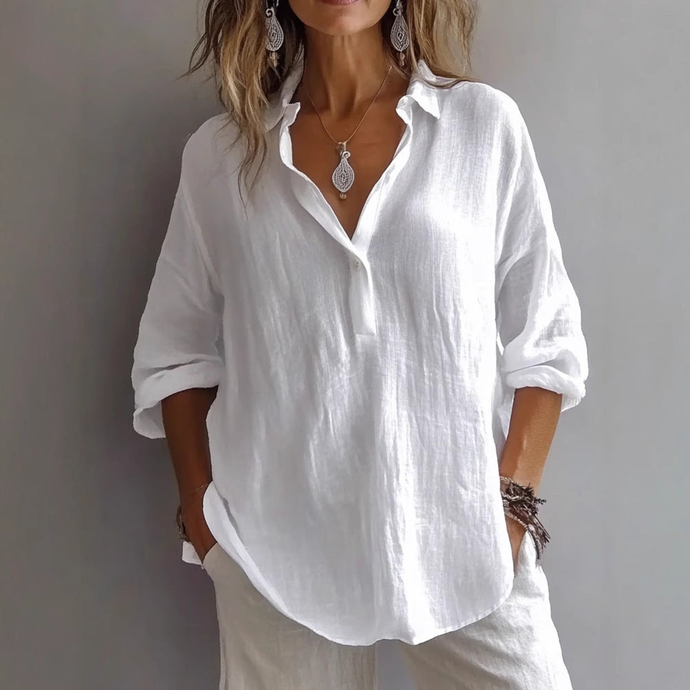 Fashion Long-Sleeved Lapel Pullover Shirt – Casual Loose Solid Color T-Shirt for Women