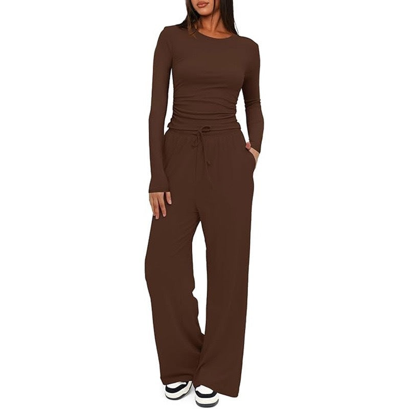 2-Piece Women's Autumn/Winter Suit – Long Sleeve Top & High-Waisted Wide-Leg Pants, Solid Color Casual Sportswear