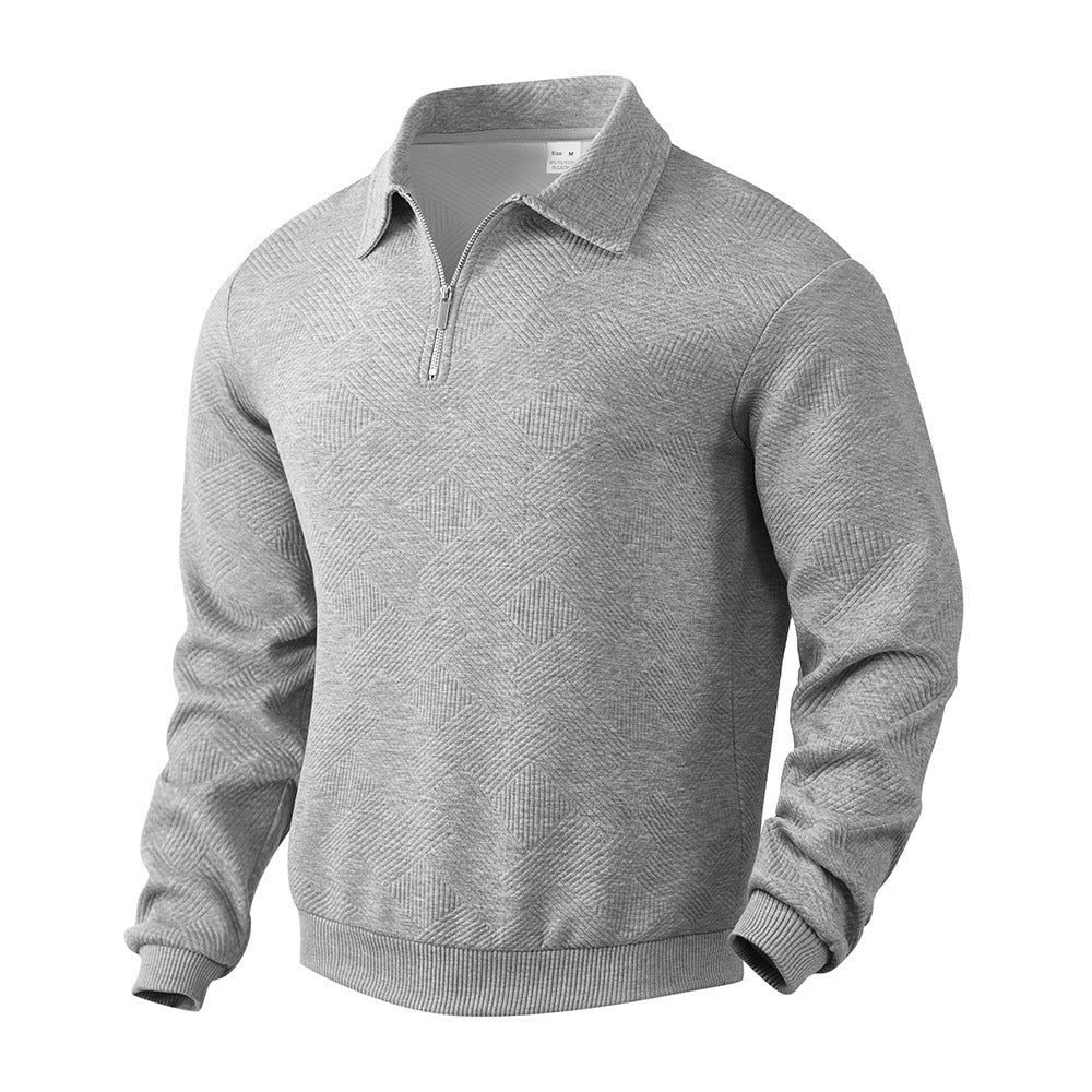 Men’s Lapel Jacquard Half-Zipper Sweatshirt – Solid Color, Long Sleeve Fashion Top