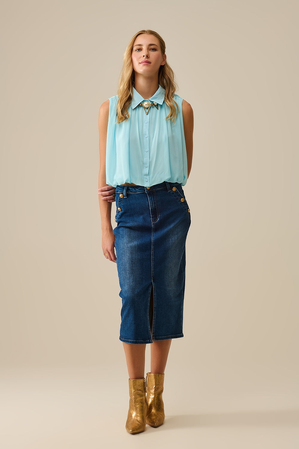 Baby Blue Chiffon Blouse With Pleats at the Hem