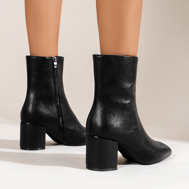 Women’s Chunky Heel Mid-Calf Boots – Pointed Toe, Side Zipper, Fashionable & Comfortable Shoes