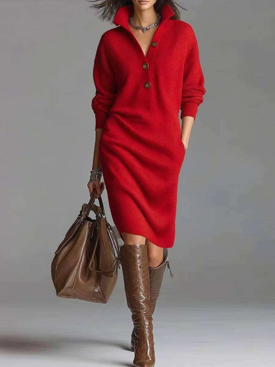 Women’s Warm V-Neck Button Sweater Dress
