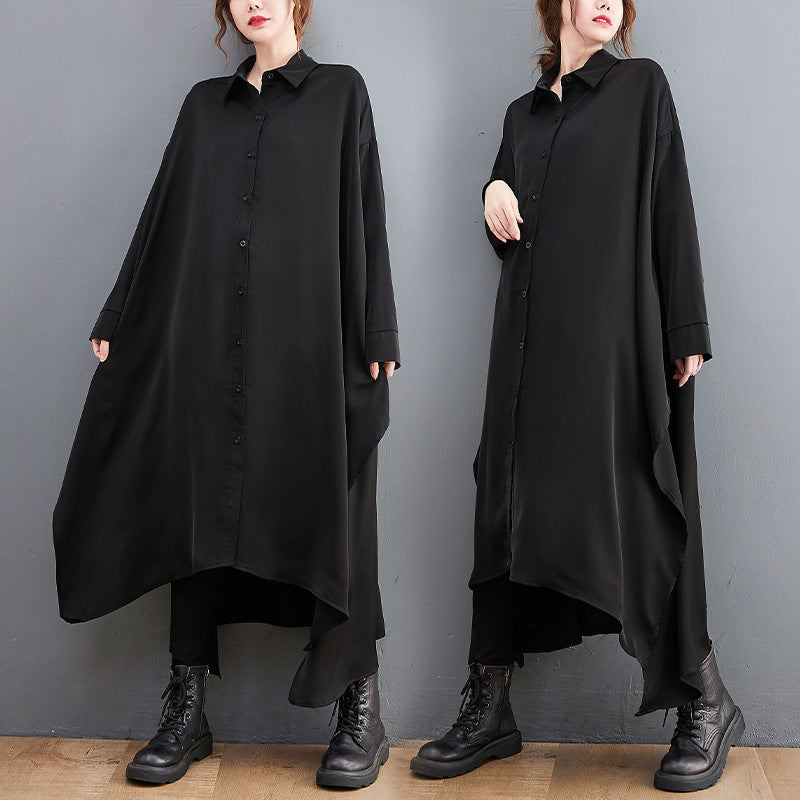 Oversized Long Shirt Dress with Side Slits – Retro Style