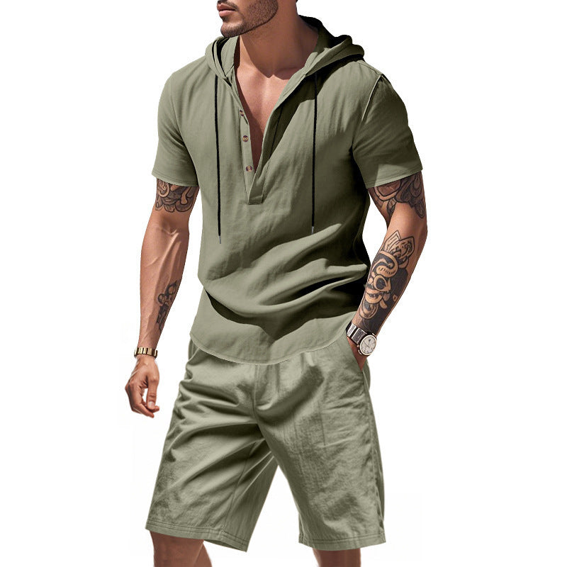 Men’s Summer Linen Two-Piece Set – Hooded Short Sleeve Top & Shorts