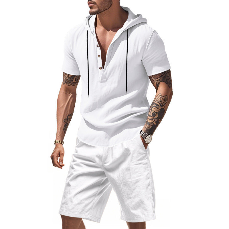 Men’s Summer Linen Two-Piece Set – Hooded Short Sleeve Top & Shorts