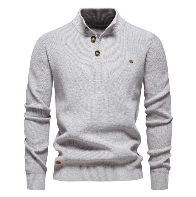Men’s Zipper Stand Collar Knitted Sweater – Slim Fit, Solid Color, Long Sleeve Half-Turtleneck Top