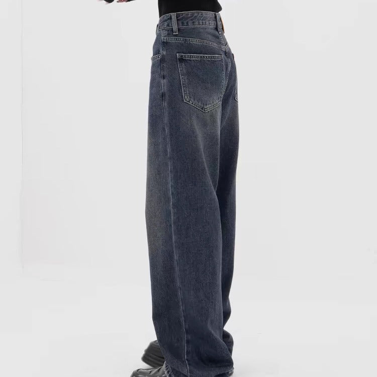 Retro Dark Blue Baggy Wide-Leg Jeans – High Waist Straight Fit