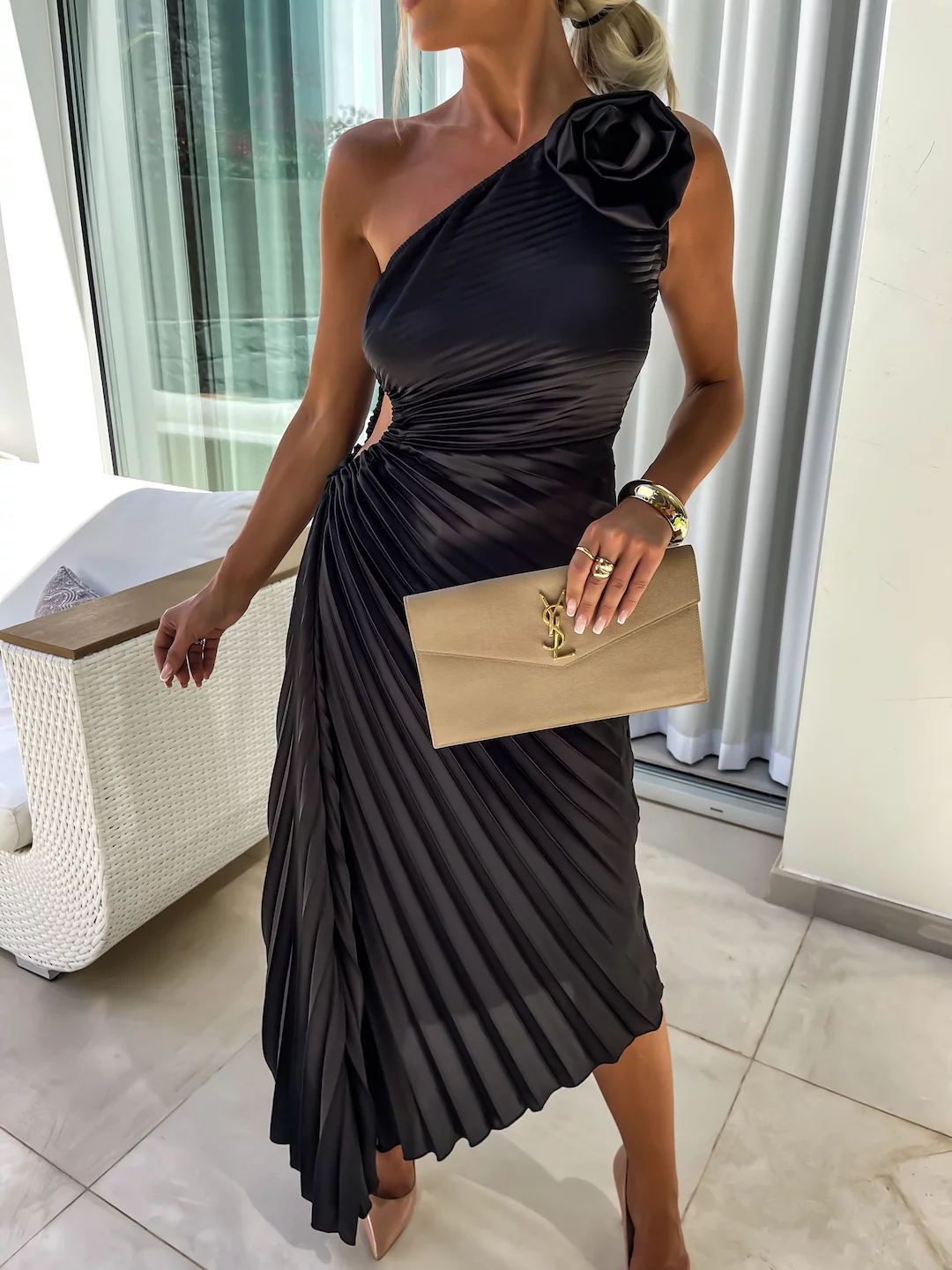 One-Shoulder Pleated Fishtail Dress with Big Rose – Sexy Evening & Party Dress for Women