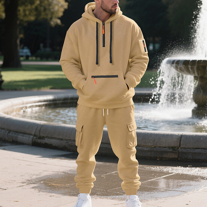 Men’s Loose Fit Fleece-Lined Sports Hoodie & Zipper Pullover Set – Multi-Pocket Casual Two-Piece