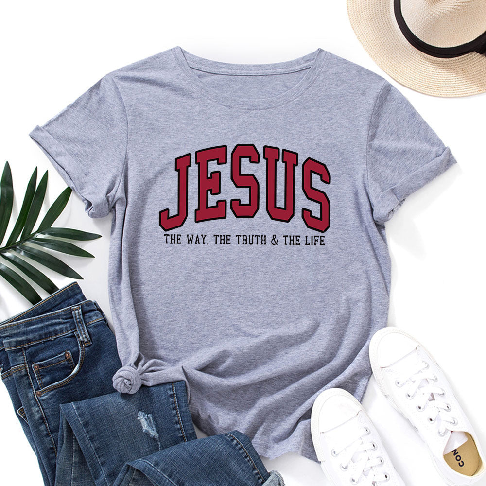 Women’s “JESUS” Printed Loose Fit Cotton T-Shirt – Casual Faith Graphic Tee