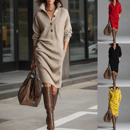 Women’s Warm V-Neck Button Sweater Dress