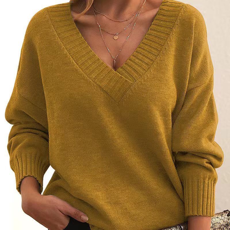 Solid V-neck Loose Knit Sweater – Fashionable Long Sleeve Autumn & Winter Top