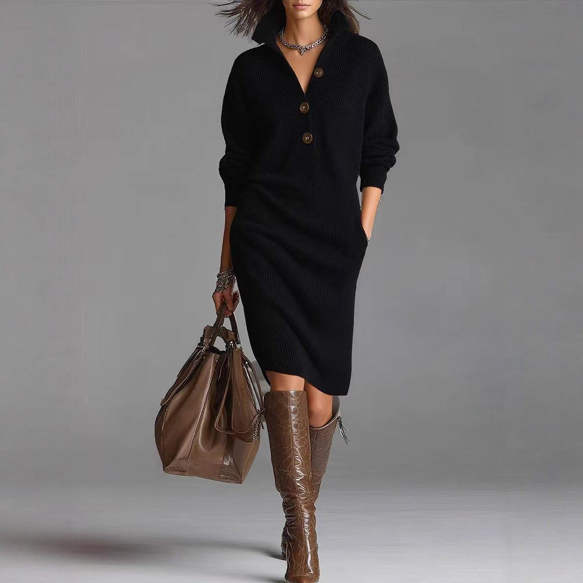 Women’s Warm V-Neck Button Sweater Dress
