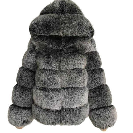 Women’s Minimalist Hooded Patchwork Fur Grass Jacket
