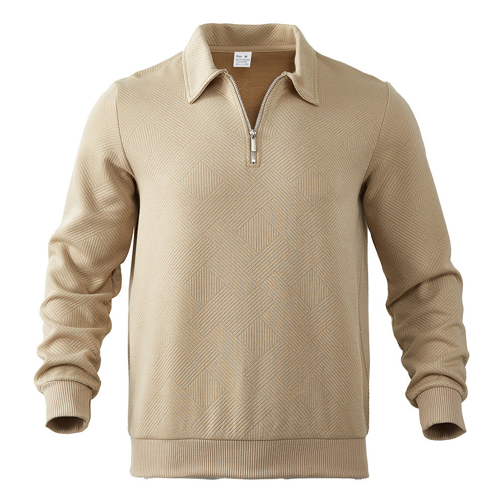 Men’s Lapel Jacquard Half-Zipper Sweatshirt – Solid Color, Long Sleeve Fashion Top