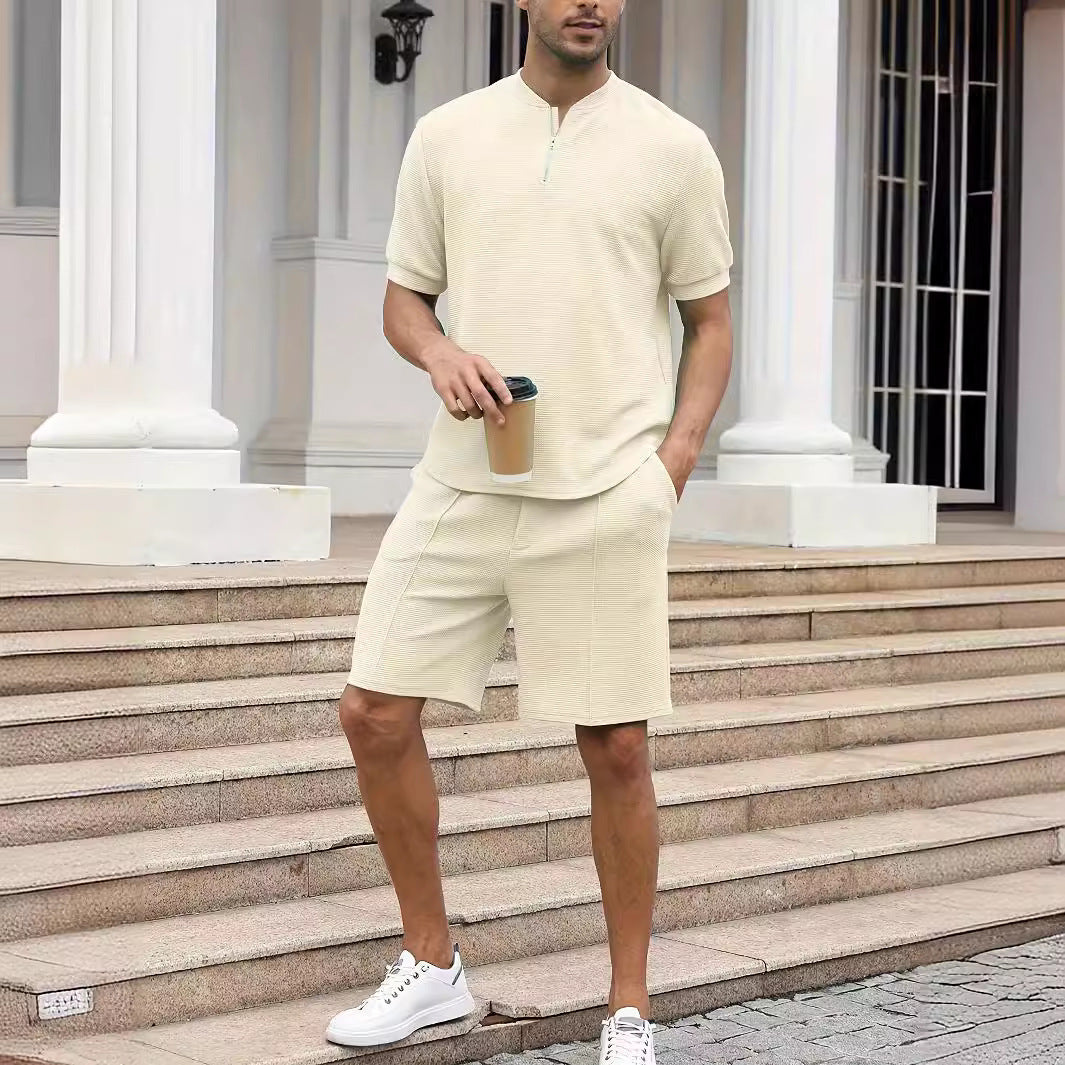 Waffle Stand Collar Zipper Short Sleeve Suit