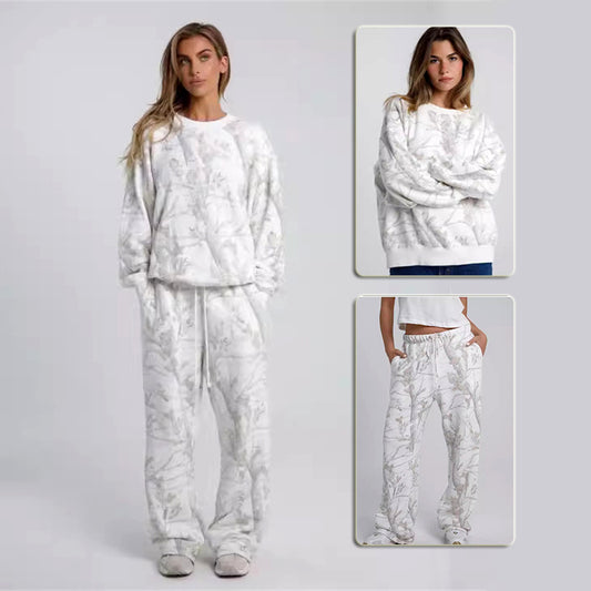 Women’s Autumn Winter Camouflage Maple Leaf Two-Piece Hoodie & Sweatpants Set