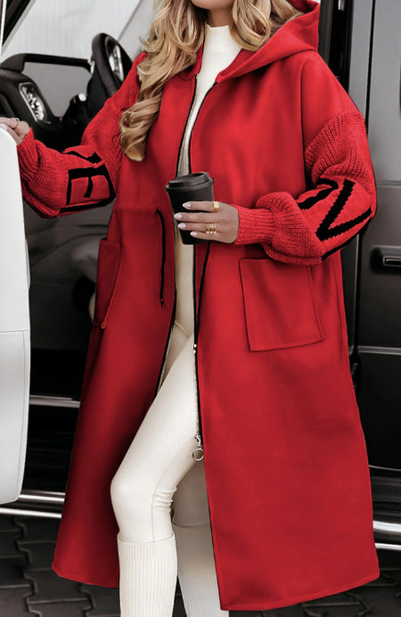 "Women's Hooded Long Windbreaker Jacket with Pockets & Knit Sleeves – Fall/Winter Trench Coat"
