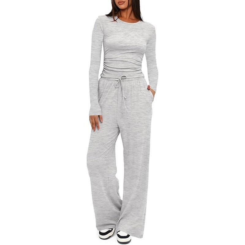 2-Piece Women's Autumn/Winter Suit – Long Sleeve Top & High-Waisted Wide-Leg Pants, Solid Color Casual Sportswear