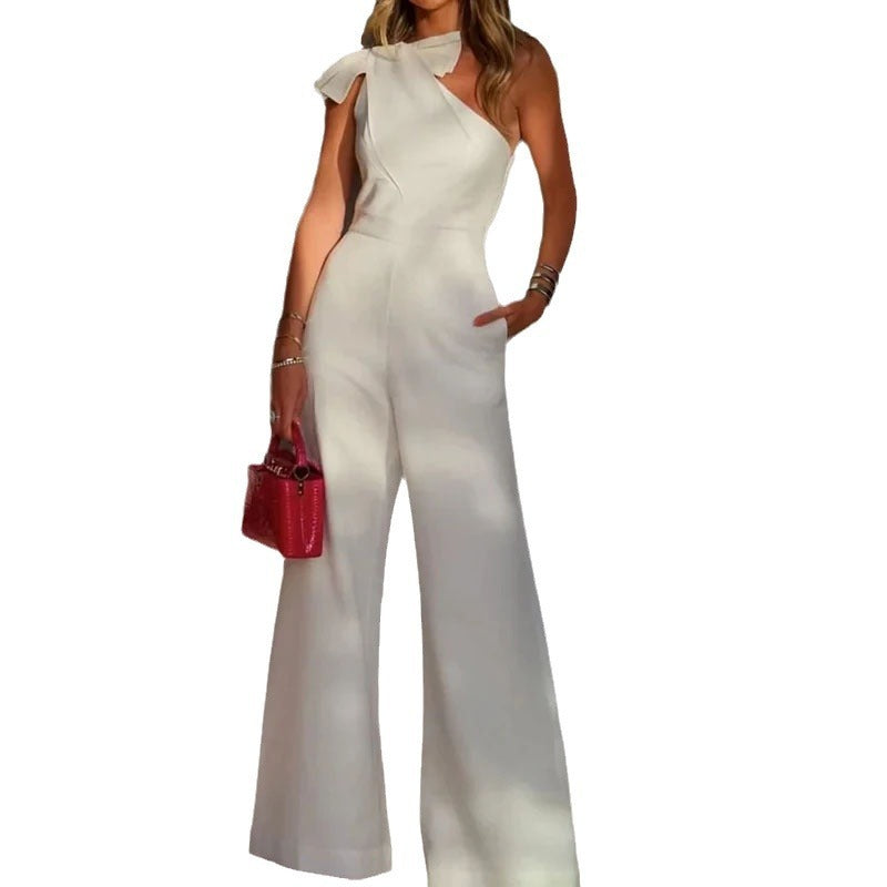Slant Shoulder Collar Waist Solid Color Wide Leg Jumpsuit