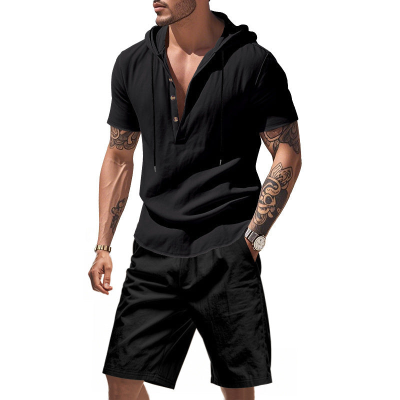 Men’s Summer Linen Two-Piece Set – Hooded Short Sleeve Top & Shorts