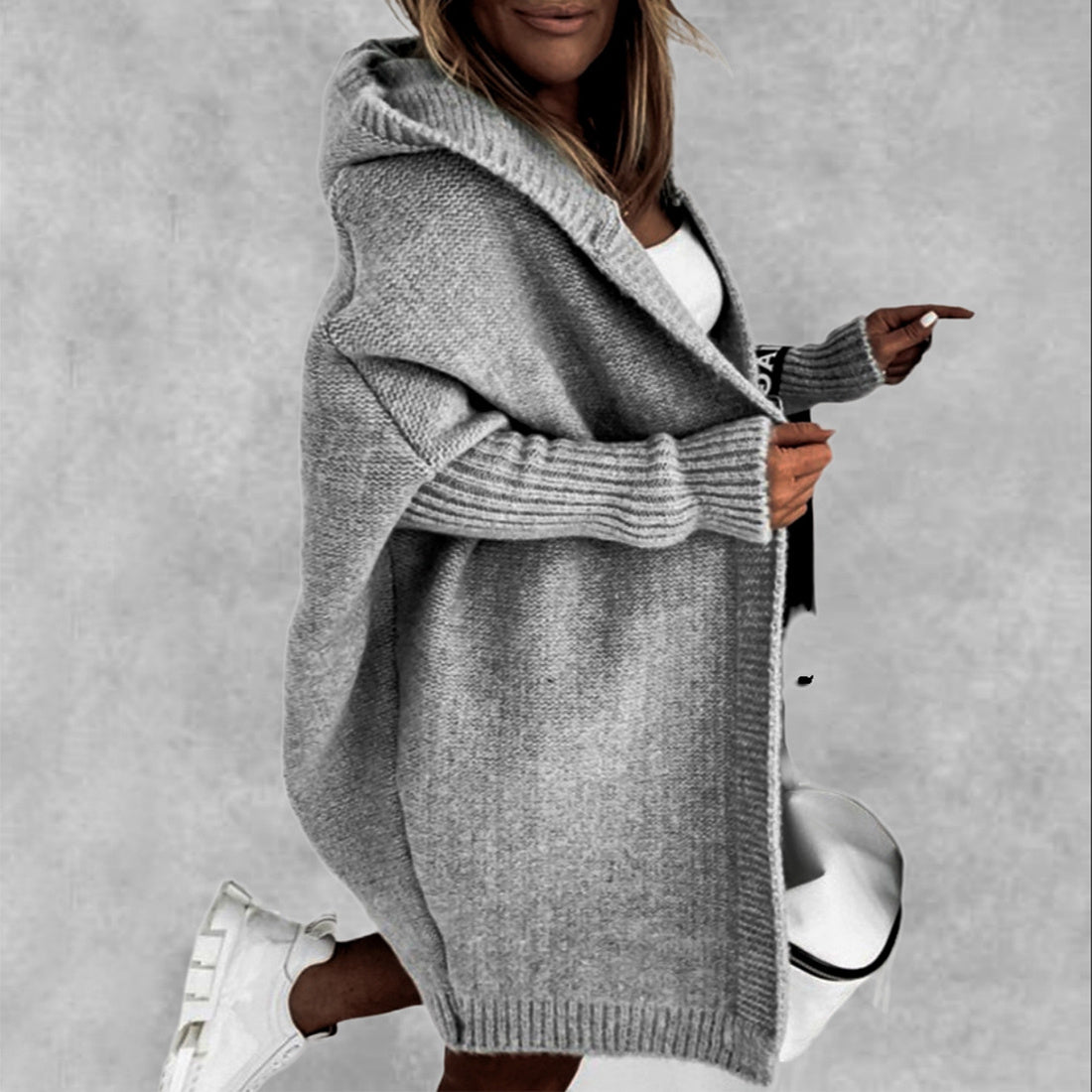 Sheep Wool Knitted Hooded Cardigan – Batwing Sleeve, Spliced Design for OL & Casual Wear