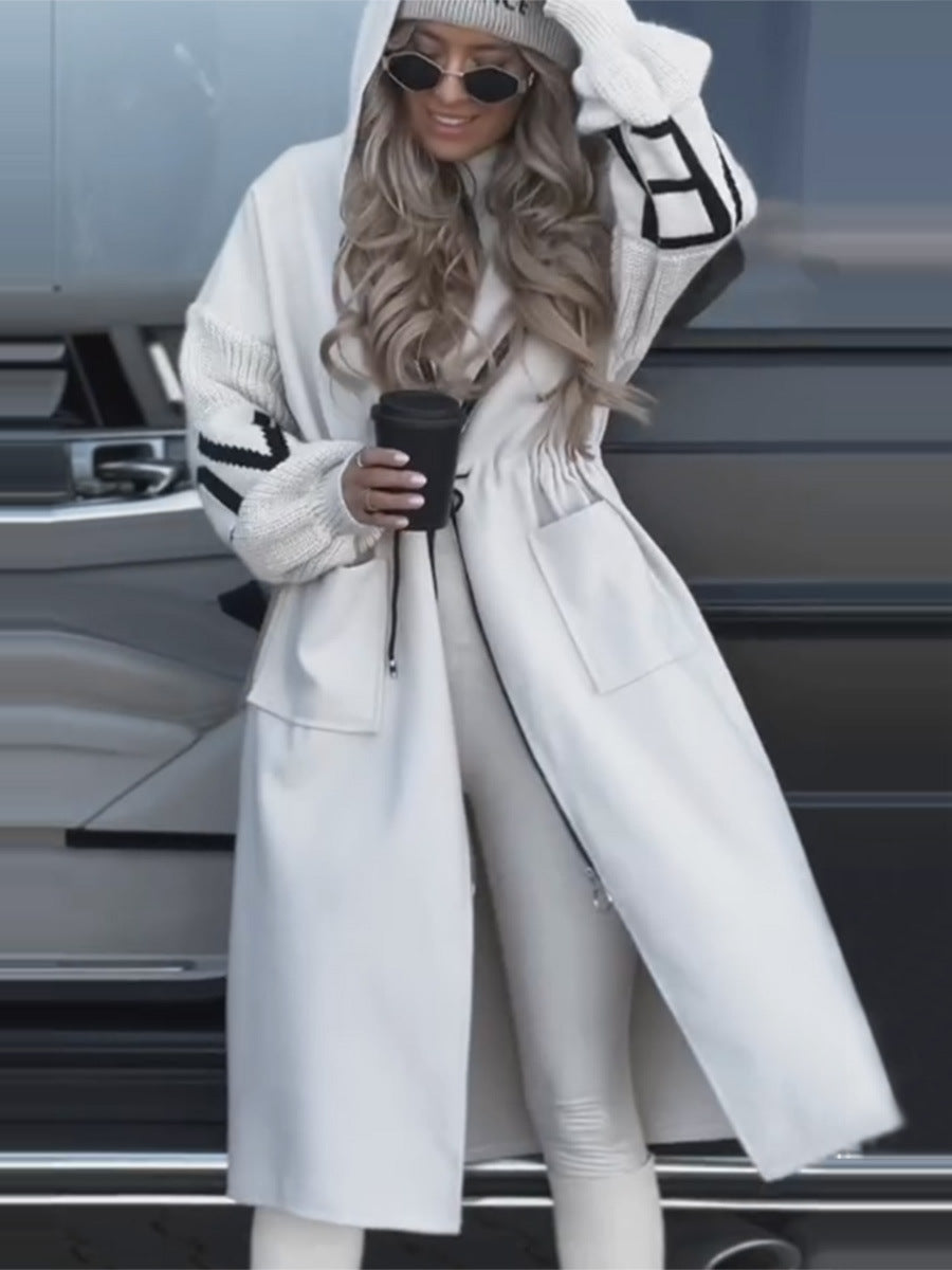 "Women's Hooded Long Windbreaker Jacket with Pockets & Knit Sleeves – Fall/Winter Trench Coat"