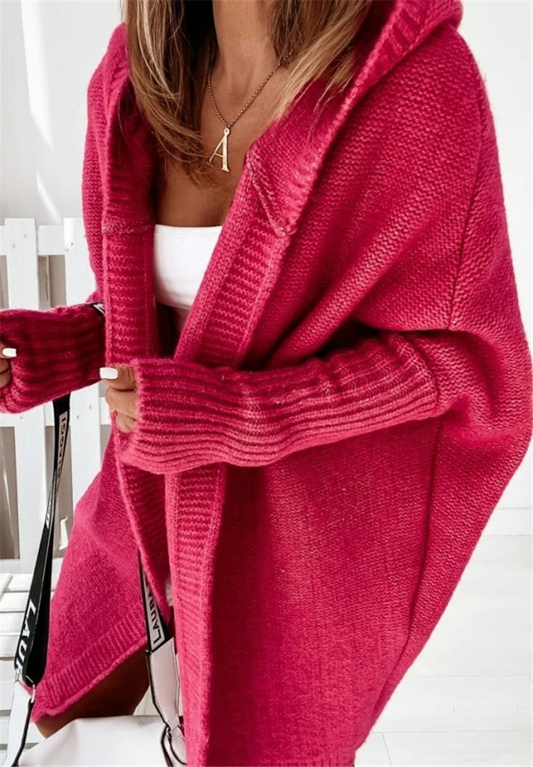 Fashion Bat Sleeve Hooded Cardigan Oversized Loose Solid Color Sweater for Women