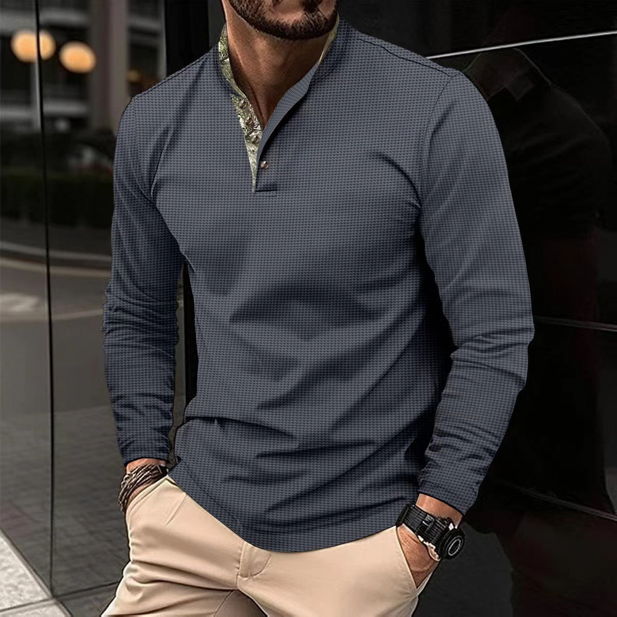 Men’s Double-Layer Lapel Polo Shirt – Waffle Texture, Long-Sleeve Fashion Top