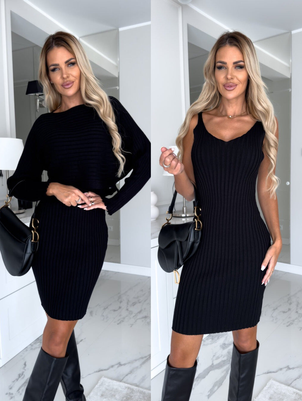 Women’s Casual Two-Piece Set – Long Sleeve Top & Mid-Length Suspender Skirt