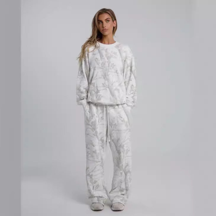 Women’s Autumn Winter Camouflage Maple Leaf Two-Piece Hoodie & Sweatpants Set