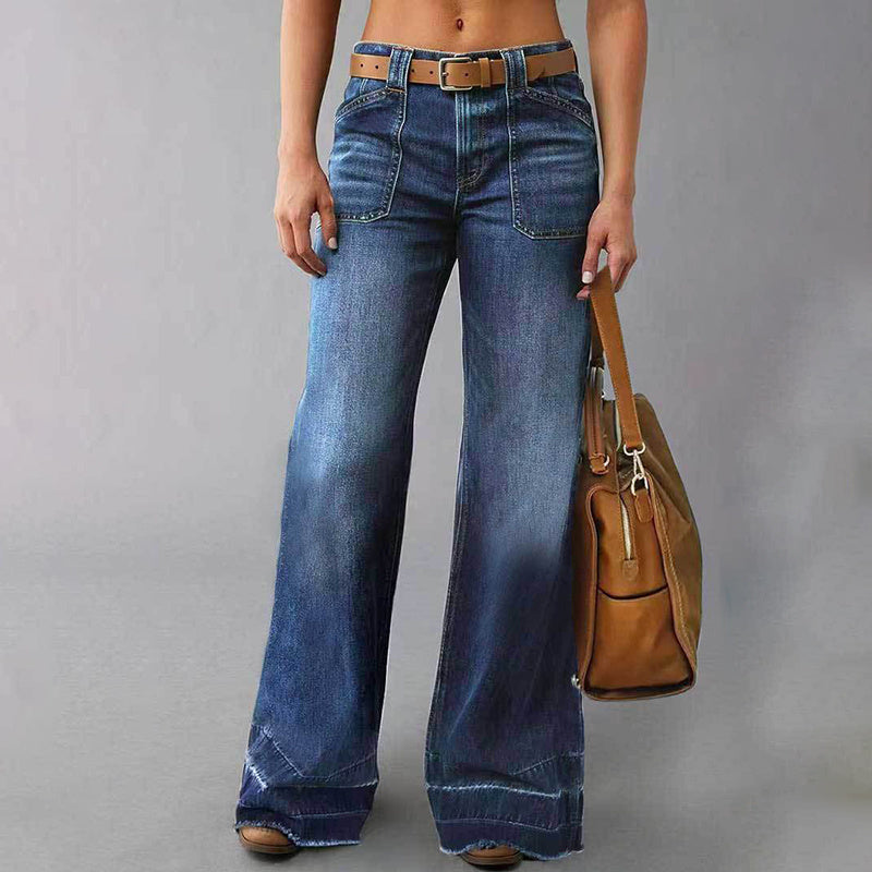 Women’s High-Waisted Wide Leg Straight Denim Jeans – No Belt, Vintage Comfort