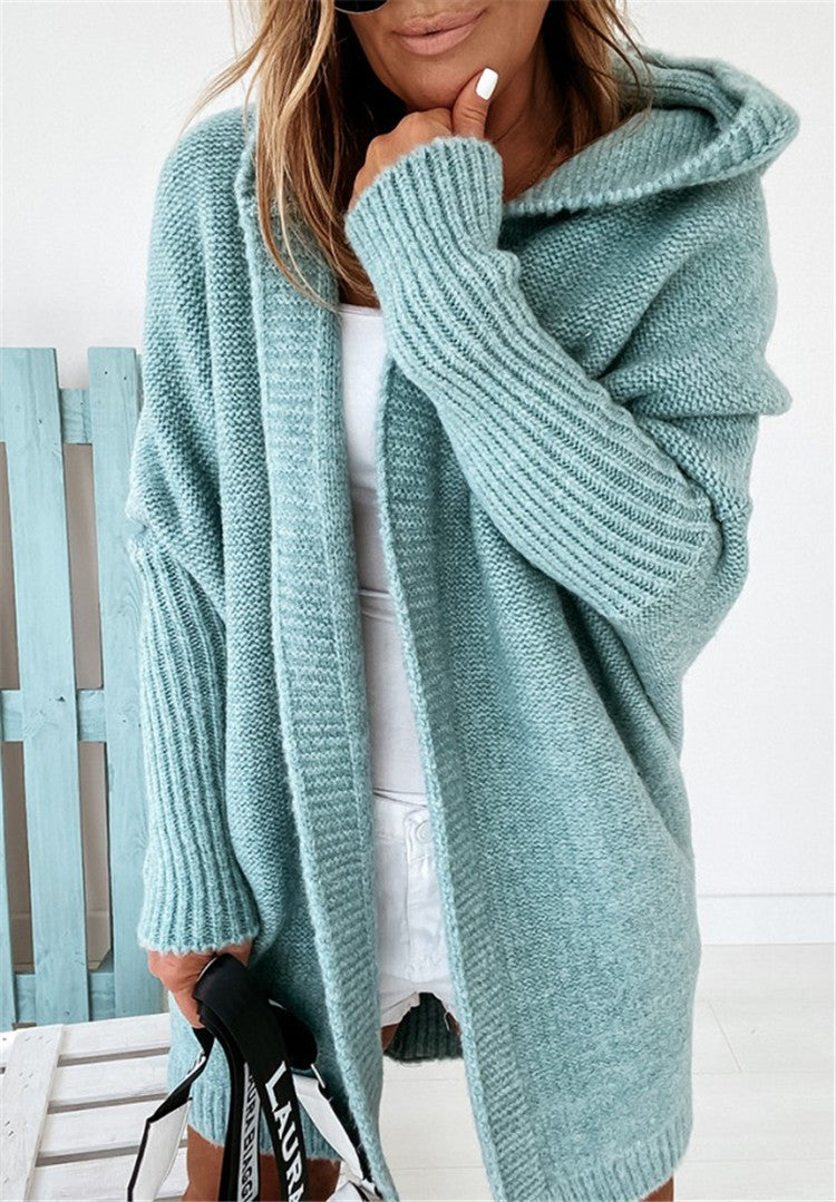 Fashion Bat Sleeve Hooded Cardigan Oversized Loose Solid Color Sweater for Women
