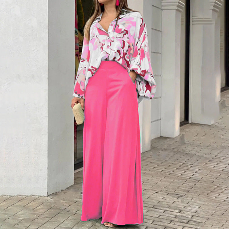 Women's Fashion Printed Shirt & Wide-Leg Pants Set – Casual Two-Piece Outfit