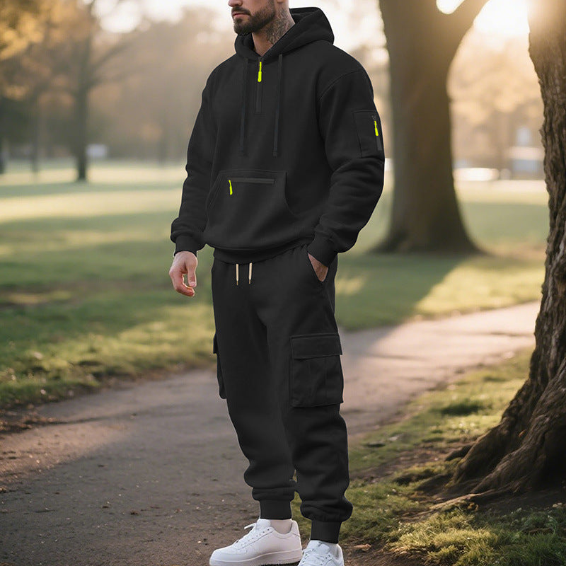 Men’s Loose Fit Fleece-Lined Sports Hoodie & Zipper Pullover Set – Multi-Pocket Casual Two-Piece