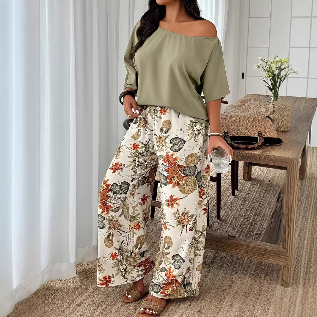 Flattering Loose-Fit Vacation Two-Piece Set with Wide-Leg Pants