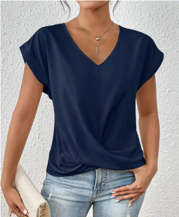 Women’s Irregular Knot V-Neck T-Shirt – Casual Short Sleeve Top