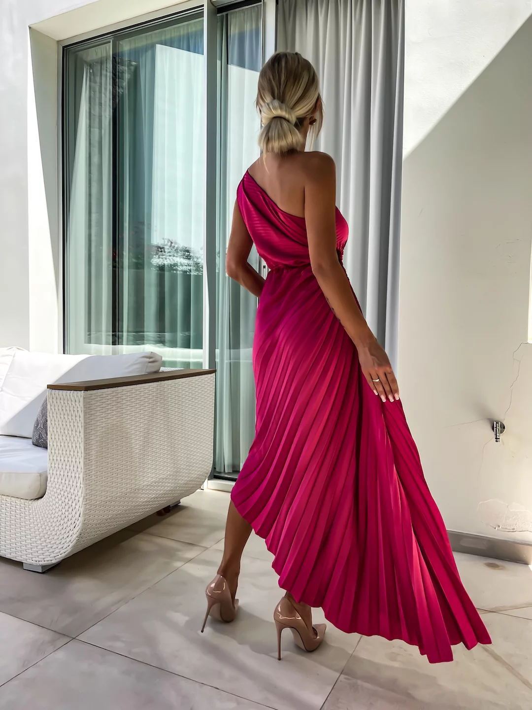 One-Shoulder Pleated Fishtail Dress with Big Rose – Sexy Evening & Party Dress for Women