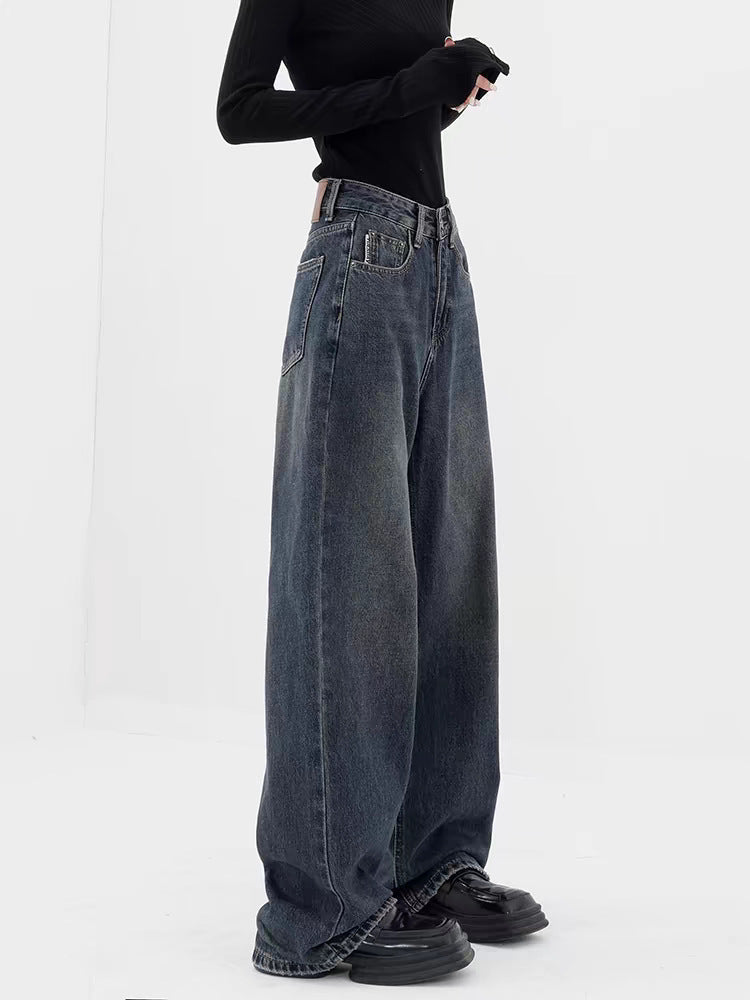 Retro Dark Blue Baggy Wide-Leg Jeans – High Waist Straight Fit