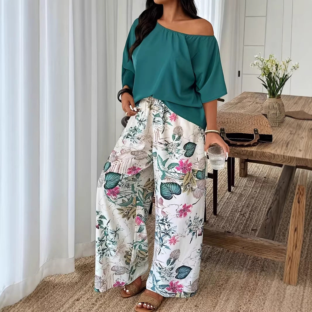 Flattering Loose-Fit Vacation Two-Piece Set with Wide-Leg Pants