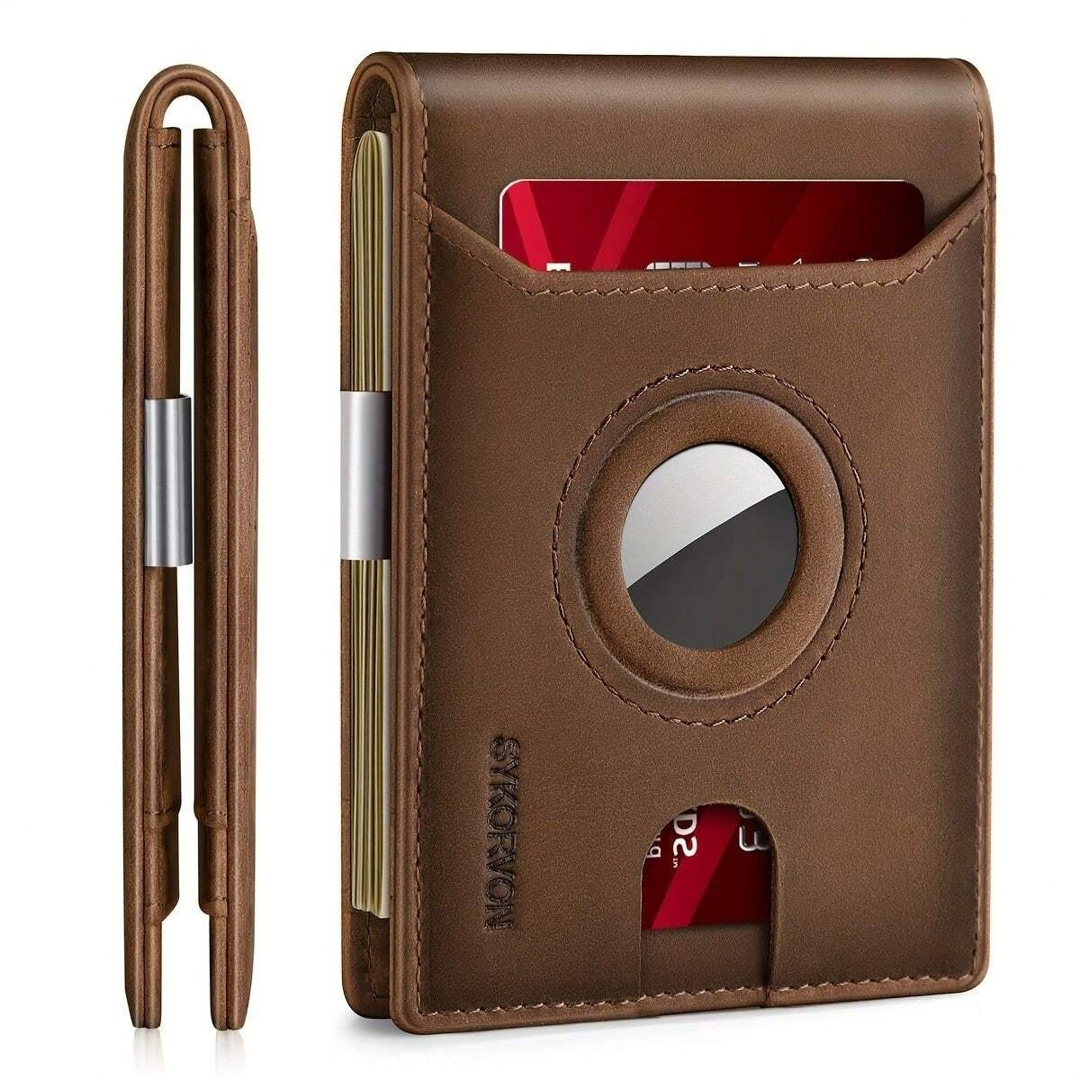 Men’s Minimalist Leather Wallet with AirTag Holder – Slim RFID Blocking Bifold Holds Up to 11 Cards (AirTag Not Included)