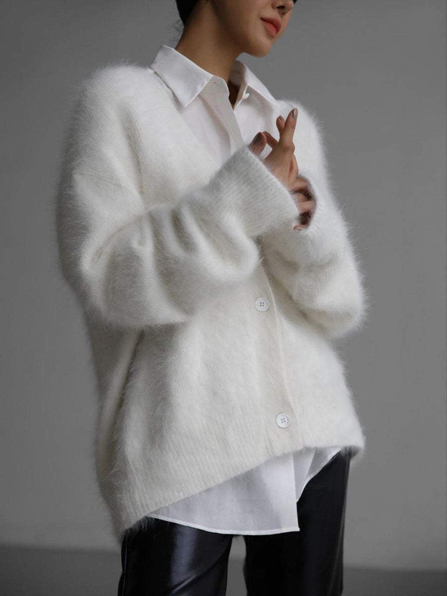 Loose V-Neck Single-Breasted Button Cardigan – Fall Winter Knitted Sweater Top for Women
