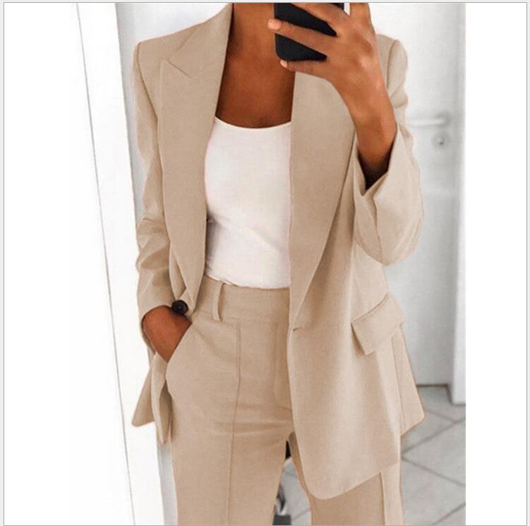 Women's Casual Suit – Long-Sleeved Lapel Blazer with Buttons and Slim-Fit Pocket Trousers