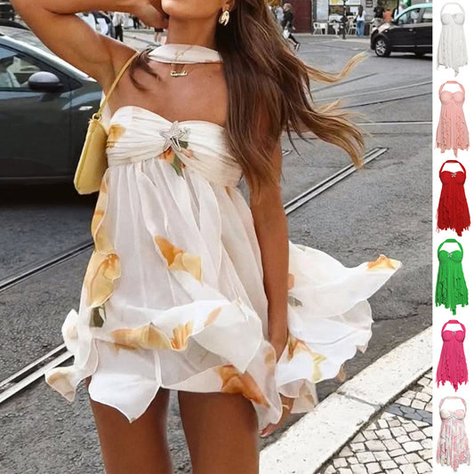 Halter Neck Backless Printed Mesh Mini Dress – Summer Club & Evening Style