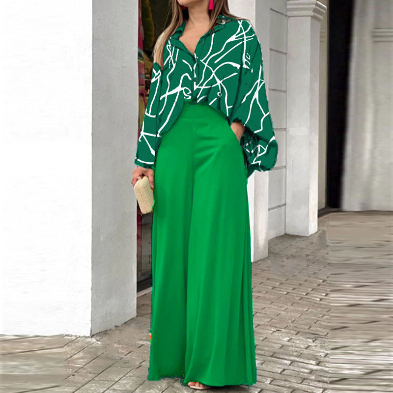 Women's Fashion Printed Shirt & Wide-Leg Pants Set – Casual Two-Piece Outfit